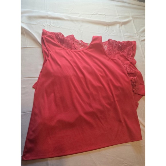 One World 1X Coral Red Lace Overlay Flutter Sleeve Tank Top Blouse(2Piece) - Picture 3 of 3